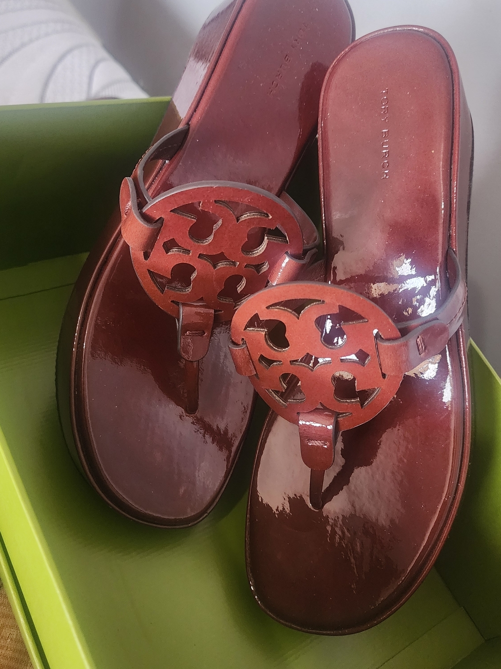 Tory Burch Miller Patent Leather Thong Sandals in Deep Red Brown